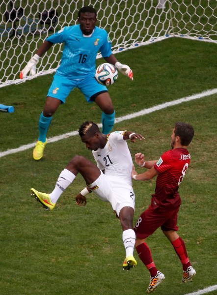 Ghana's John Boye scores an own goal during their 2014 World Cup Group G soccer match against Portugal at the Brasilia national stadium in Brasilia