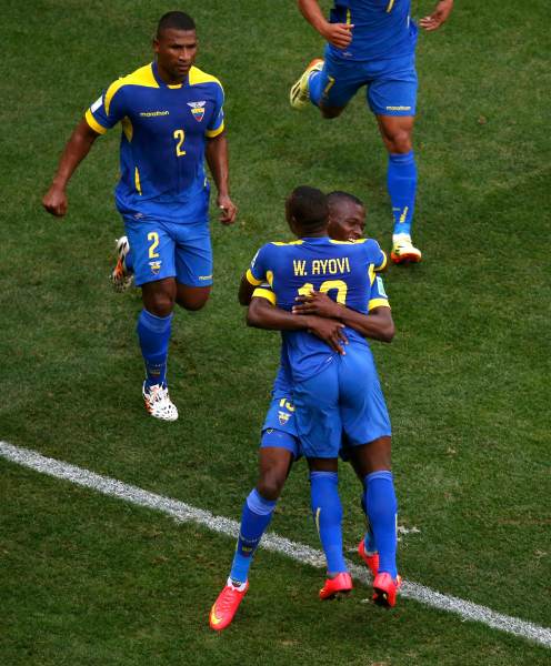 Ecuador's Enner Valencia celebrate goal during World Cup Group E soccer match between Switzerland and Ecuador at the Brasilia national stadium