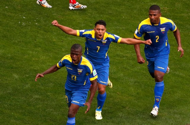 Ecuador's Enner Valencia celebrates after scoring a goal during World Cup Group E soccer match between Switzerland and Ecuador at the Brasilia national stadium