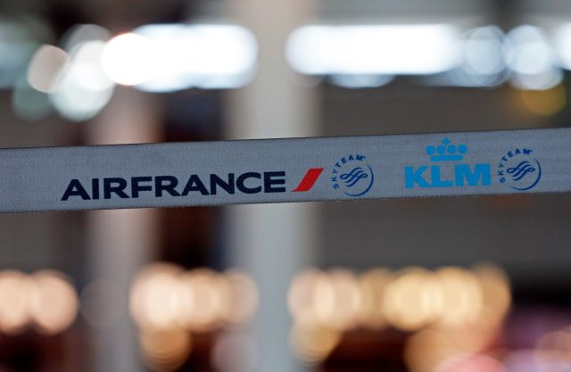 A barrier tape of Air France-KLM is pictured at the Marseille-Provence airport on the second day of an Air France one-week strike