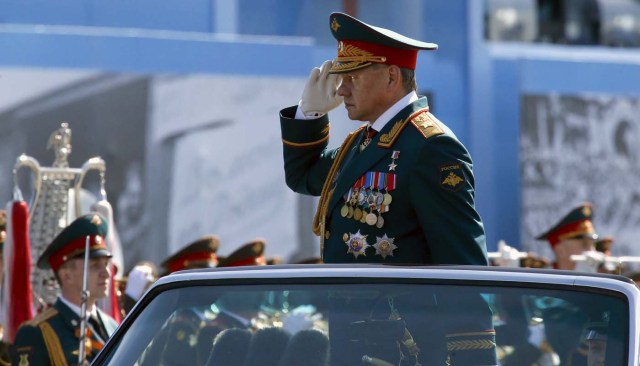 Shoigu salutes during a rehearsal for the Victory Day parade in Red Square in central Moscow