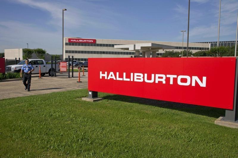 The company logo of Halliburton oilfield services corporate offices is seen in Houston