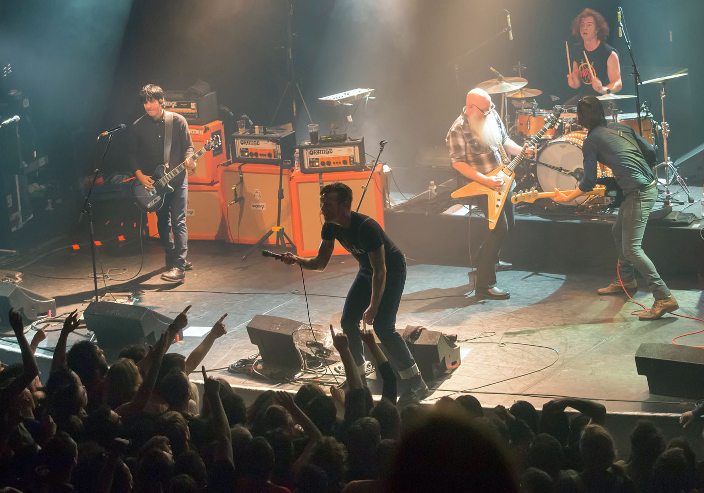 American rock group Eagles of Death Metal perform on stage on November 13, 2015 at the Bataclan concert hall in Paris, few moments before four men armed with assault rifles and shouting 