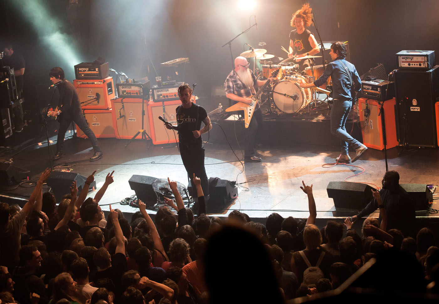 American rock group Eagles of Death Metal perform on stage on November 13, 2015 at the Bataclan concert hall in Paris, few moments before four men armed with assault rifles and shouting 