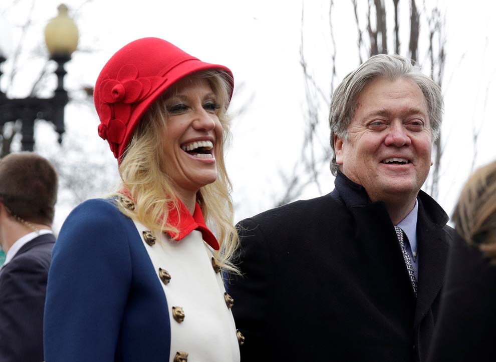 Advisors to President-elect Donald Trump, Kellyanne Conway and Steve Bannon depart from services at St. John's Church during the Presidential Inauguration in Washington, U.S., January 20, 2017. REUTERS/Joshua Roberts