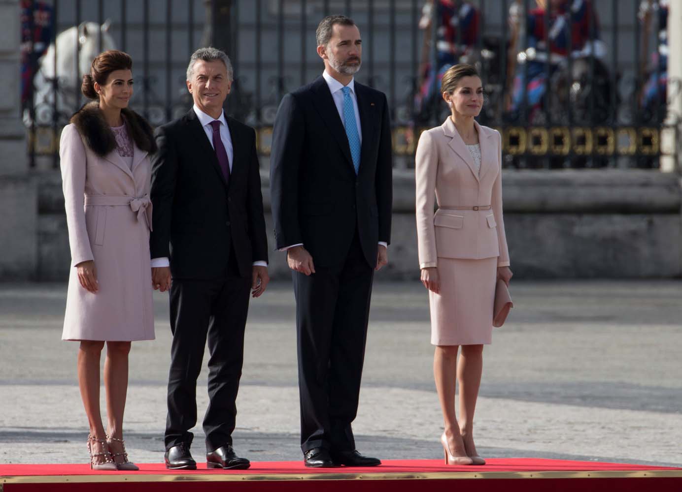Argentina's first lady Juliana Awada, Argentina's President Mauricio Macri, Spain's King Felipe and Spain's Queen Letizia (L-R) listen to the national anthems during the welcoming ceremony at Royal Palace in Madrid, Spain February 22, 2017. REUTERS/Sergio Perez