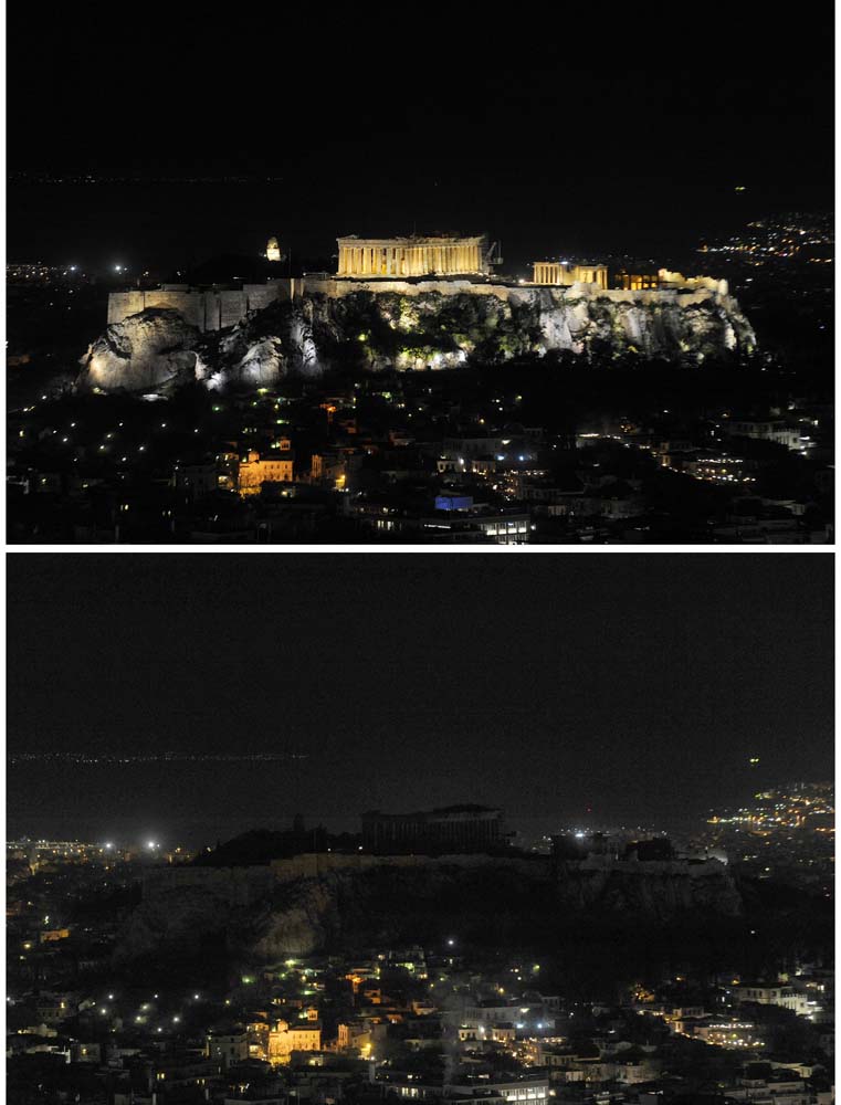 A combination picture shows a view of the hill of the Acropolis before (top) and during Earth Hour in Athens, Greece, March 25, 2017. REUTERS/Michalis Karagiannis