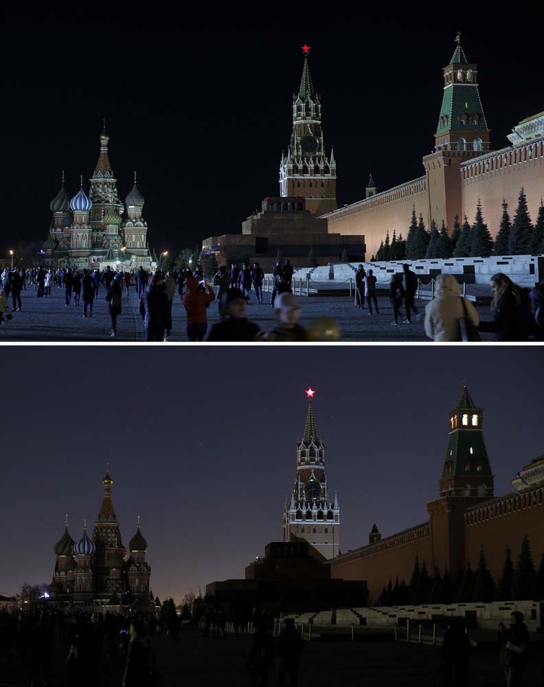 A combination photo shows the St. Basil's Cathedral (L) and the Kremlin wall, before (top) and after the lights were switched off for Earth Hour in Red Square in central Moscow, Russia, March 25, 2017. REUTERS/Maxim Shemetov