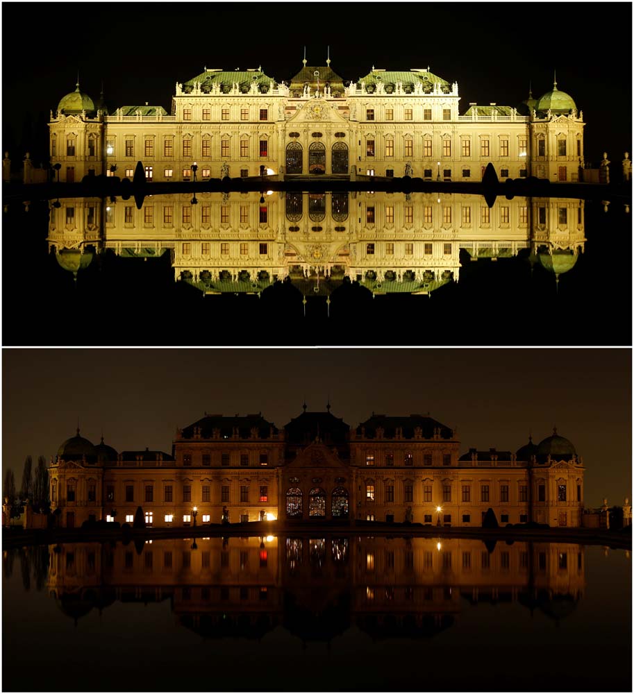 A combination photo shows Belvedere palace and its reflection in a pond before (top) and after the lights were switched off for Earth Hour in Vienna, Austria, March 25, 2017. REUTERS/Heinz-Peter Bader