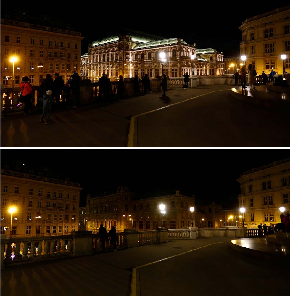 A combination photo shows the State Opera house (Staatsoper) before and after the lights were switched off for Earth Hour in Vienna, Austria, March 25, 2017. REUTERS/Leonhard Foeger