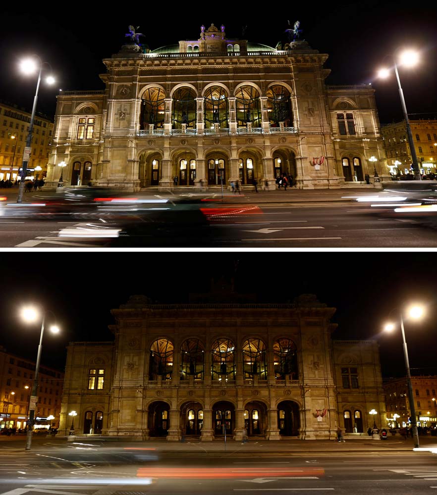 A combination photo shows the State Opera house (Staatsoper) before and after the lights were switched off for Earth Hour in Vienna, Austria, March 25, 2017. REUTERS/Leonhard Foeger