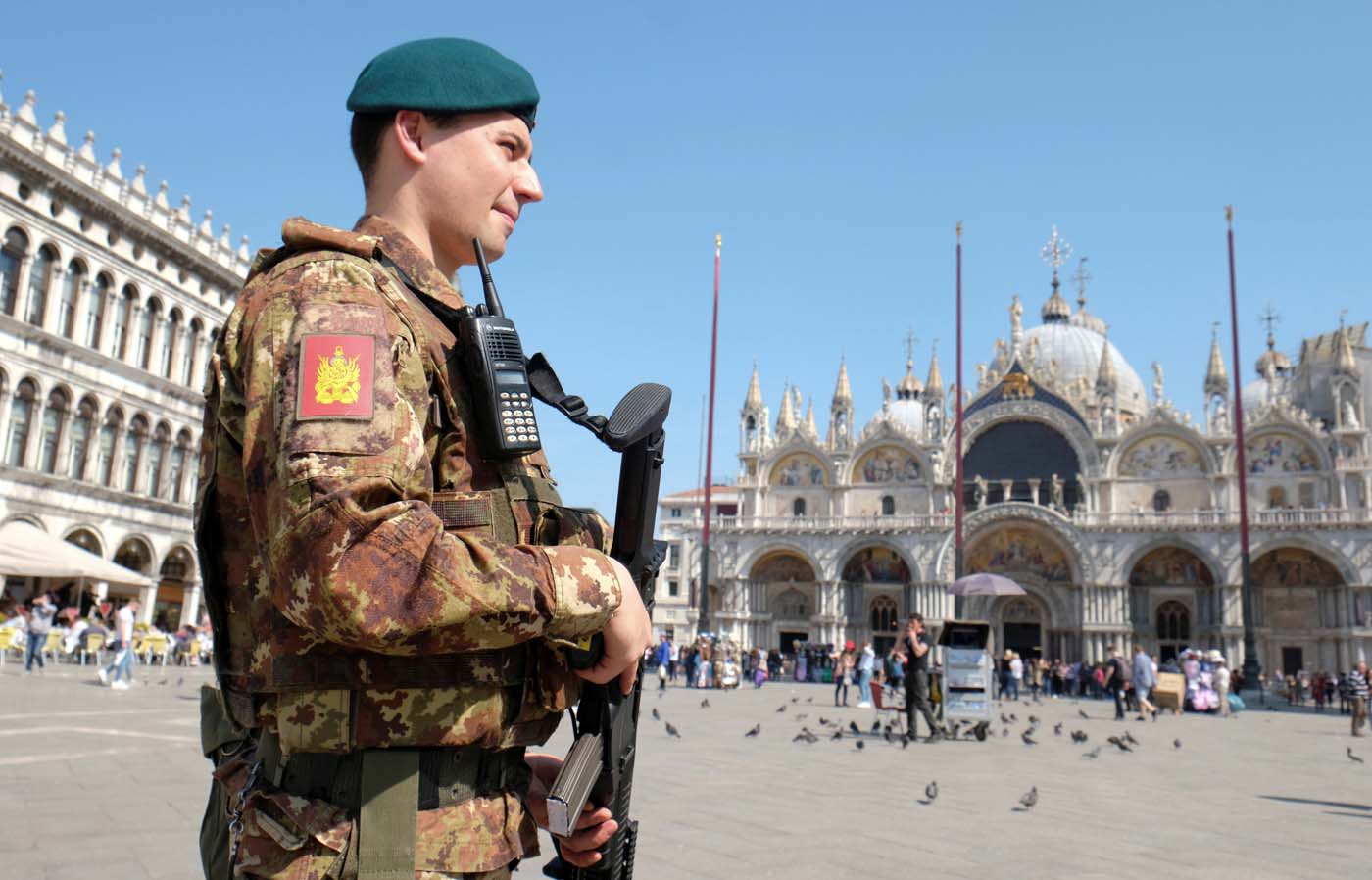 A soldier patrols Saint Mark's Square in Venice, Italy March 30, 2017. REUTERS/Manuel Silvestri