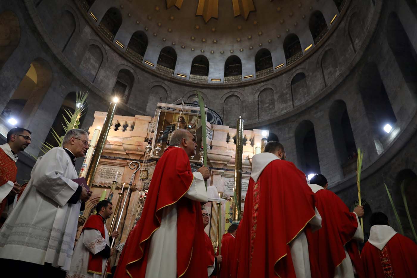 Members of the Catholic Christian clergy take part in a Palm Sunday ceremony in the Church of the Holy Sepulchre in Jerusalem's Old City April 9, 2017. REUTERS/Ammar Awad