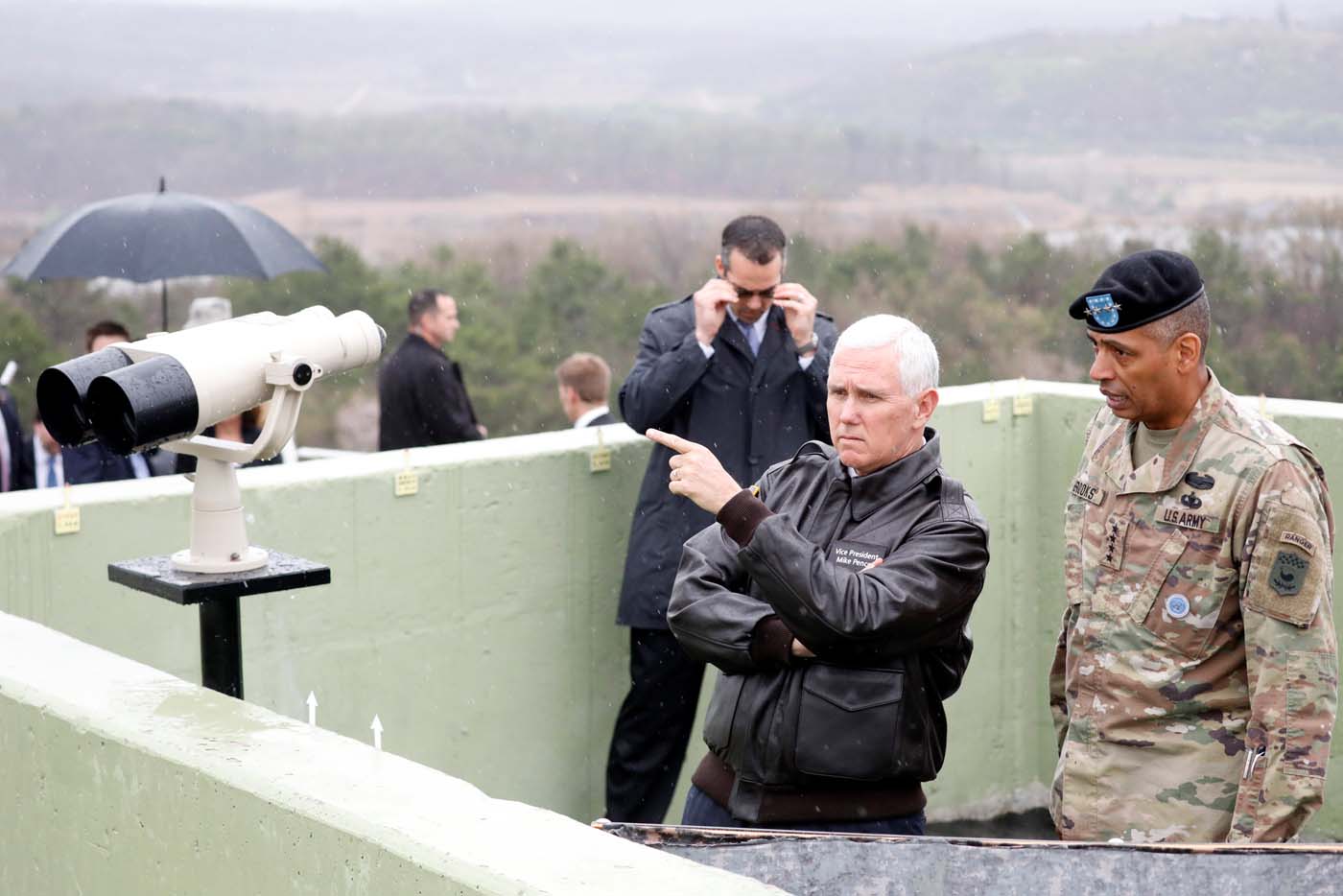 U.S. Vice President Mike Pence looks toward the north from an observation post inside the demilitarized zone separating the two Koreas, in Paju, South Korea, April 17, 2017.  REUTERS/Kim Hong-Ji