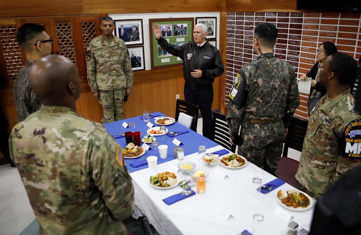 U.S. Vice President Mike Pence speaks during a meeting with U.S. and South Korean soldiers at Camp Bonifas near the truce village of Panmunjom, in Paju, South Korea, April 17, 2017.  REUTERS/Kim Hong-Ji