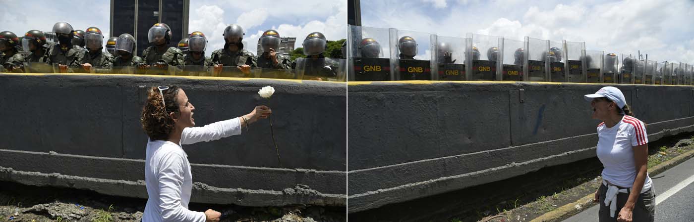 (COMBO) This combination of pictures created on May 06, 2017 shows a Venezuelan opposition activist offering a flower (L) and another one shouting at members of the Bolivarian National Guard standing guard during a women's march aimed to keep pressure on President Nicolas Maduro, whose authority is being increasingly challenged by protests and deadly unrest, in Caracas. The death toll since April, when the protests intensified after Maduro's administration and the courts stepped up efforts to undermine the opposition, is at least 36 according to prosecutors. / AFP PHOTO / JUAN BARRETO