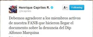 Capriles agradece a miembros de la Fanb que hicieron llegar el documento a Marquina