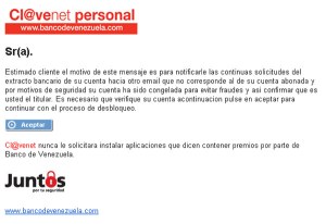 Si recibe este correo del Banco de Venezuela puede ser víctima de fraude electrónico