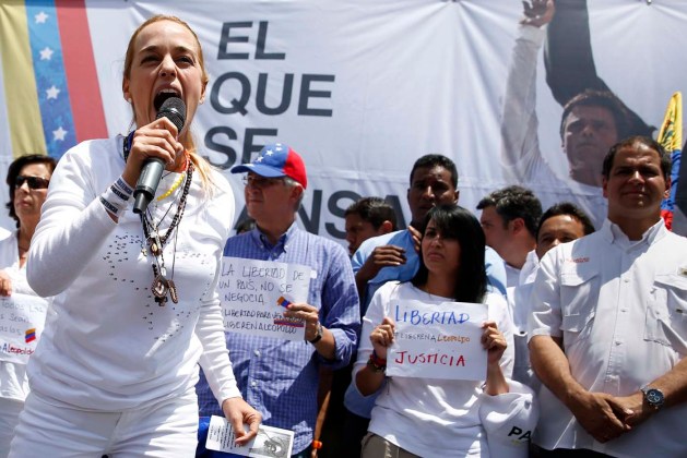 Lilian Tintori, wife of jailed opposition leader Leopoldo Lopez, speaks during a rally in support of him in Los Teques
