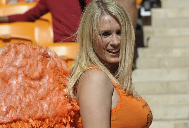 A Netherlands' supporter smiles prior th