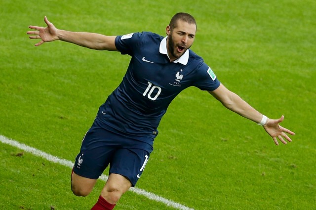 France's Benzema celebrates his goal against Honduras during their 2014 World Cup Group E soccer match at the Beira Rio stadium in Porto Alegre