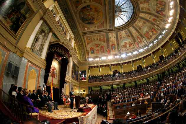 A general view shows the hemicycle of the Parliament as Spain's new King Felipe VI delivers his speech during his swearing-in ceremony at the Congress of Deputies in Madrid