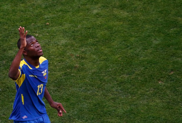 Ecuador's Enner Valencia celebrates his goal against Switzerland during their 2014 World Cup Group E soccer match at the Brasilia national stadium in Brasilia