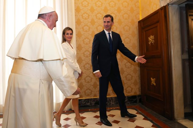 Pope Francis meets Spain's King Felipe and Queen Letizia during a private audience at the Vatican