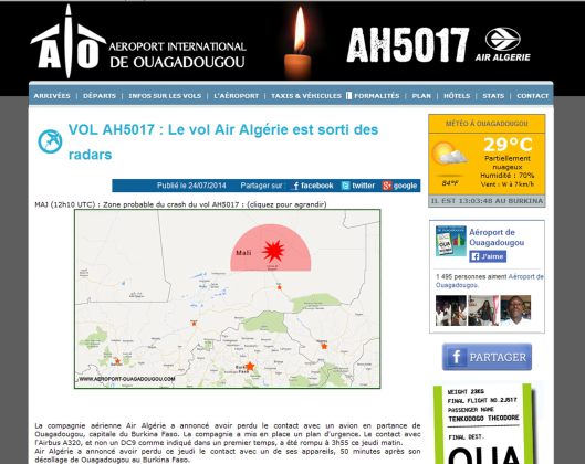 A screengrab of the homepage of the Ouagadougou airport's Internet site (http://www.aeroport-ouagadougou.com) shows a candle next to the flight number AH5017 and a map displaying the plane's last contact zone