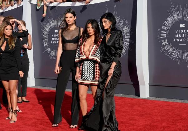 Kendall Jenner, Kim Kardashian and Kylie Jenner arrive at the 2014 MTV Music Video Awards in Inglewood