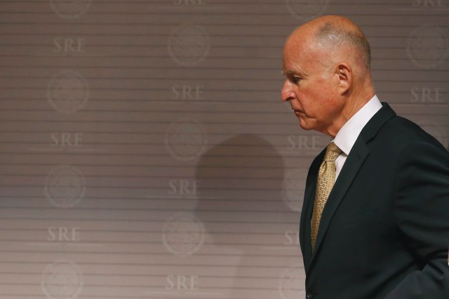 California Governor Jerry Brown is seen after a news conference at Memoria y Tolerancia museum in Mexico City