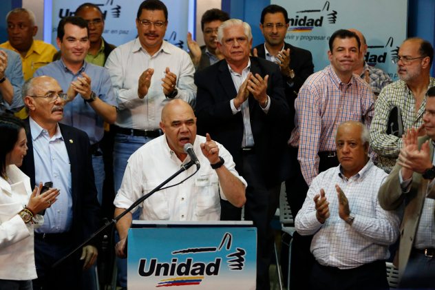 Jesus Torrealba, secretary of the Venezuelan coalition of opposition parties, speaks during a news conference in Caracas