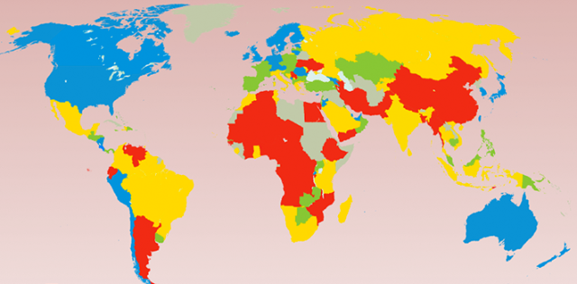 El índice divide a los países en cuartiles decrecientes de libertad económica: azul (más libres), verde, amarillo y rojo (menos libres). (Instituto Fraser)