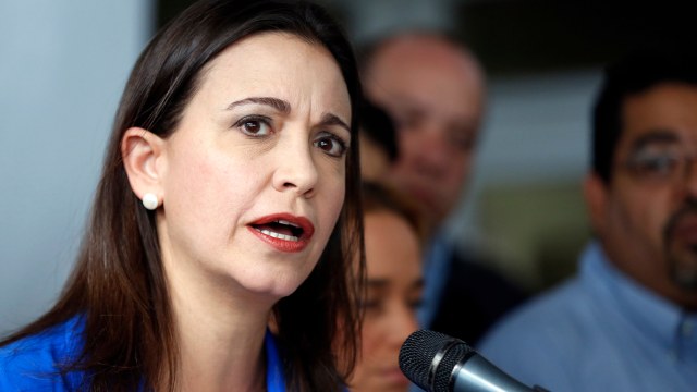 Venezuelan opposition leader Maria Corina Machado speaks during a news conference in Caracas