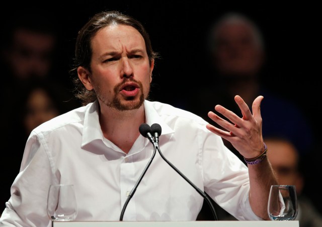 Podemos ('We can') Secretary General Pablo Iglesias makes his speech during a party meeting in Seville