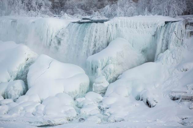 A partially frozen American Falls in sub freezing temperatures is seen in Niagara Falls Ontario
