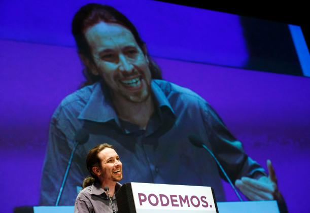 Iglesias, secretary-general of Spanish anti-austerity party Podemos (We Can), speaks during a meeting in Madrid