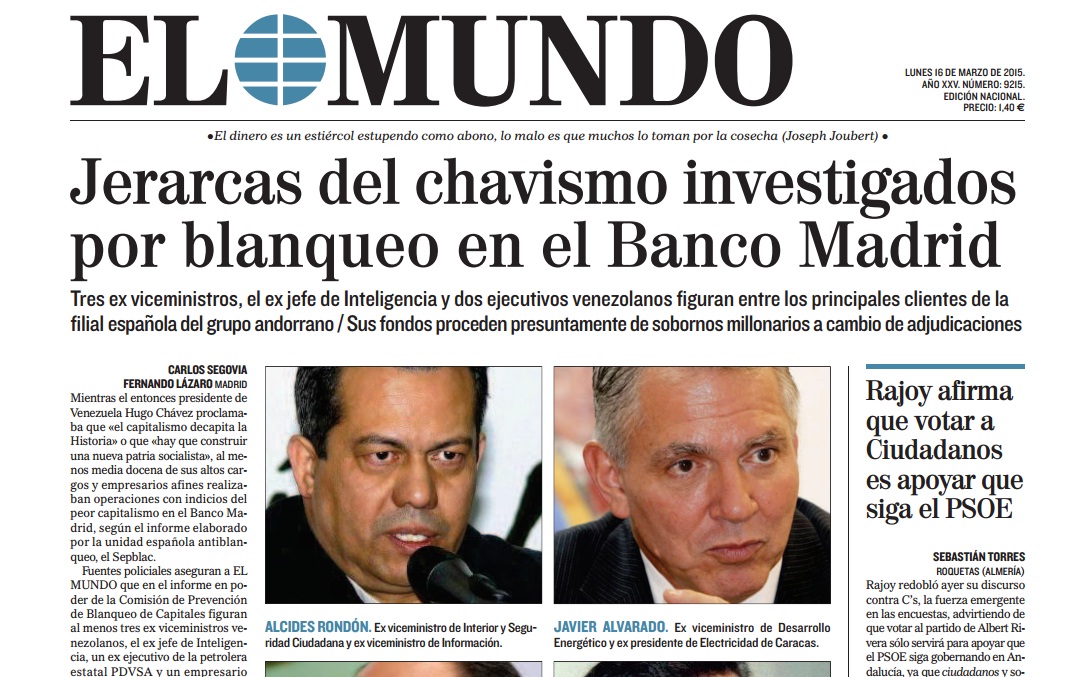 El Mundo: Jerarcas del chavismo investigados por lavado en el Banco Madrid