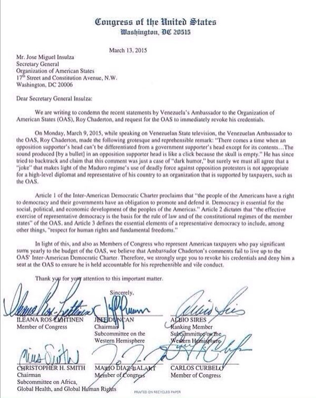 Congresistas de EEUU exigen a Insulza que revoque credenciales a Chaderton (Carta)