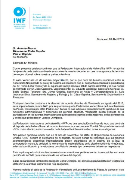 Carta de la IWF al Ministro de Deporte (1)