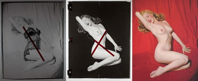 Dos separaciones (izda. y centro) utilizadas para imprimir la foto (dcha.) del calendario de Marilyn. Imágenes cortesía de LIMITED RUNS