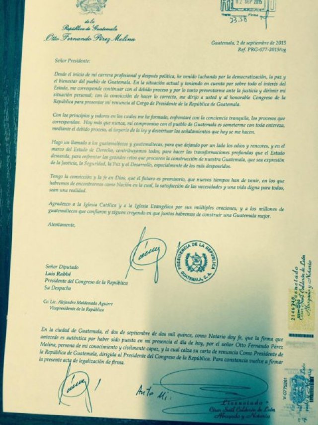 Carta de renuncia Pérez Molina
