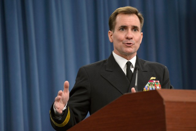 Pentagon Press Secretary Navy Adm. John Kirby briefs the media in the Pentagon press briefing room January 29, 2014. KIrby took questions from the media ranging from recent personnel challenges that have emerged in the nuclear force to DoD offering support to Russia in safeguarding security at the Winter Olympics should the need arise. DoD Photo by Glenn Fawcett (Released)