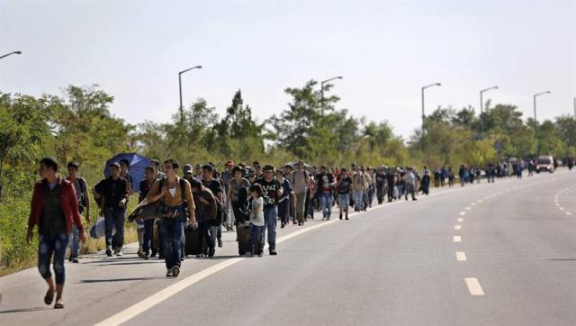 Cientos de refugiados sirios caminan por la autopista de Estambul a Edirne en un intento de cruzar la frontera hacia Grecia en Edirne (Turquía) hoy, 15 de septiembre de 2015. Al menos trece refugiados, entre ellos cuatro niños, murieron hoy en aguas internacionales del mar Egeo al hundirse el bote en el que intentaban, con otras 200 personas, alcanzar la isla griega de Kos, informó el diario turco Hürriyet en su página web. EFE/Cem Turkel