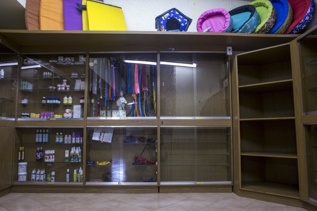 Shelves which would usually contain food for cats and dogs and others supplies sit almost empty in Caracas, Venezuela September 22, 2015. Venezuelan pet shops are struggling to stock shelves with food and medicine due to economic crisis, forcing dog and cat owners to stretch feed and police to ration food for canine units. REUTERS/Marco Bello
