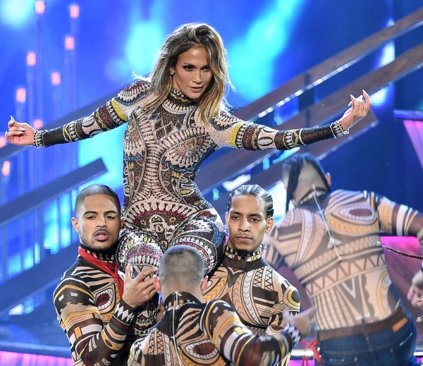 LOS ANGELES, CA - NOVEMBER 22: Host Jennifer Lopez performs onstage during the 2015 American Music Awards at Microsoft Theater on November 22, 2015 in Los Angeles, California.   Kevin Winter/Getty Images/AFP