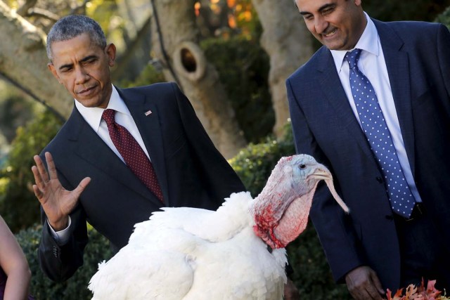 U.S. President Barack Obama pardons the National Thanksgiving Turkey during the 68th annual presentation of the turkey in the Rose Garden of the White House in Washington November 25, 2015. REUTERS/Carlos Barria
