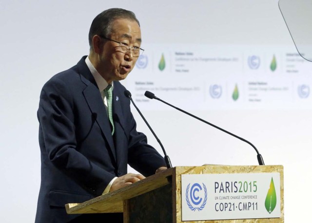 United Nations Secretary General Ban Ki-moon delivers a speech for the opening day of the World Climate Change Conference 2015 (COP21) at Le Bourget, near Paris, France, November 30, 2015. REUTERS/Stephane Mahe