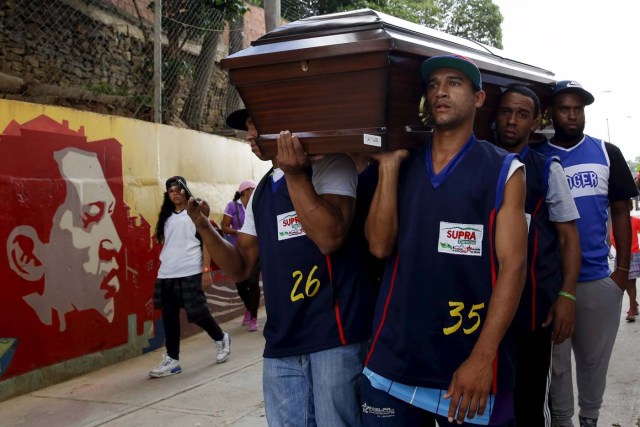 Familiares y miembros del equipo de baloncesto de una víctima de un delito transportan su ataúd poco antes de su entierro en Caracas , nov 25, 2015 (REUTERS/Carlos Garcia Rawlins)