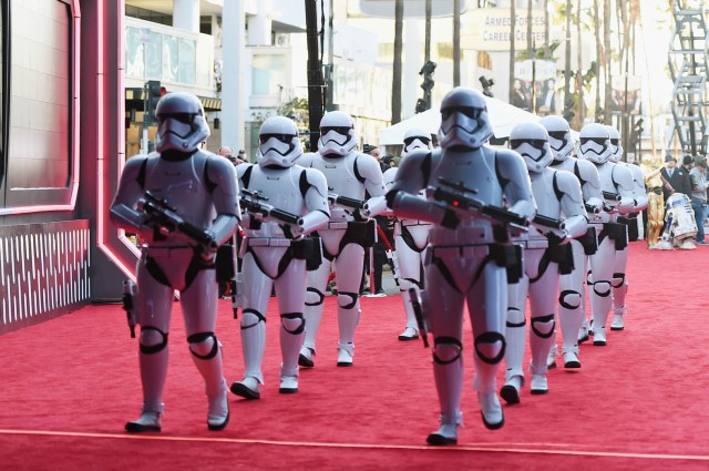 HOLLYWOOD, CA - DECEMBER 14: Stormtroopers arrive at the premiere of Walt Disney Pictures and Lucasfilm's "Star Wars: The Force Awakens" at the Dolby Theatre on December 14th, 2015 in Hollywood, California. Jason Merritt/Getty Images/AFP